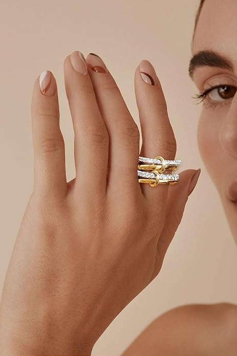 Gznzfjf 14K Gold Plated Stackable Interlocking Ring Set | Anti-Allergy Mixed Metal Multi-Ring Declaration Jewelry Women's Festival Gift, Mother's Day/Birthday/Engagement Jewelry