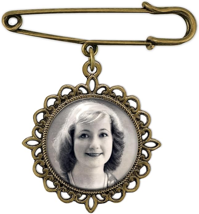 Wedding Boutonniere Bronze Gold Bouquet Photo Memorial Charm Pin Round Mother of the Bride Gift for Groom or Bride with Photo Resizing Software