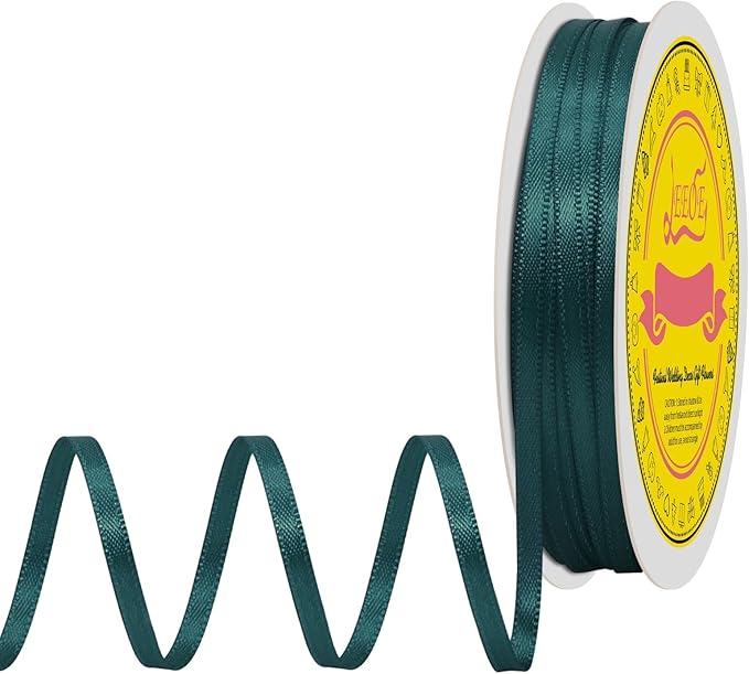 LEEQE Double Face Teal Satin Thin Ribbon 1/8 inch X 50 Yards Polyester Teal Ribbon for Gift Wrapping Very Suitable for Weddings Party Hair Bow Invitation Decorations and More