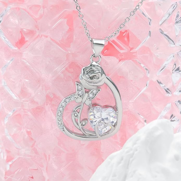 Sterling Silver Heart Rose Flower Necklace for Women Shiny Big Cz Butterfly Pendant Necklace Elegant Rose Promise Necklace Jewelry for Mom Wife Wedding Mother's Day Anniversary Birthday Gifts
