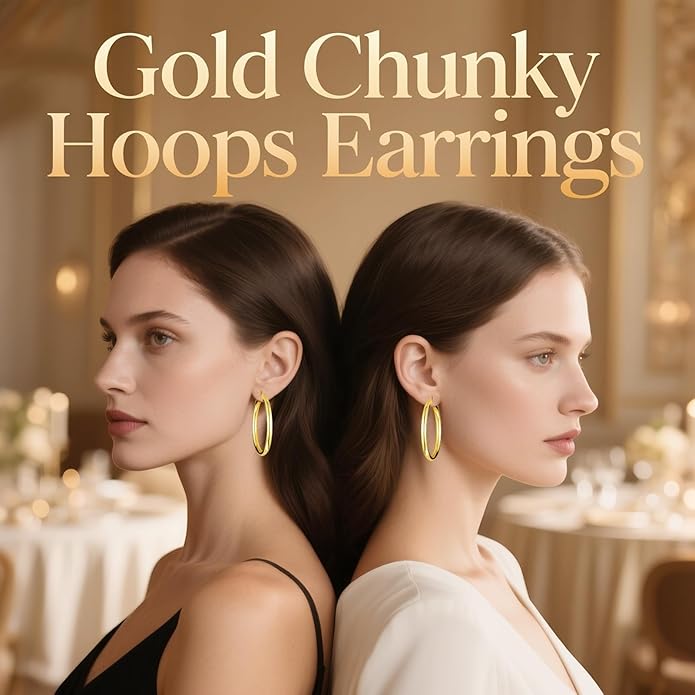 Hoop Earrings for Women, 18K Gold Plated Hoops Earrings, Hypoallergenic Lightweight Comfort Hollow Tube Hoops with Secure Push Lock, Chunky and Sleek Gold Hoops Large Earrings 20/30/40/50/60MM