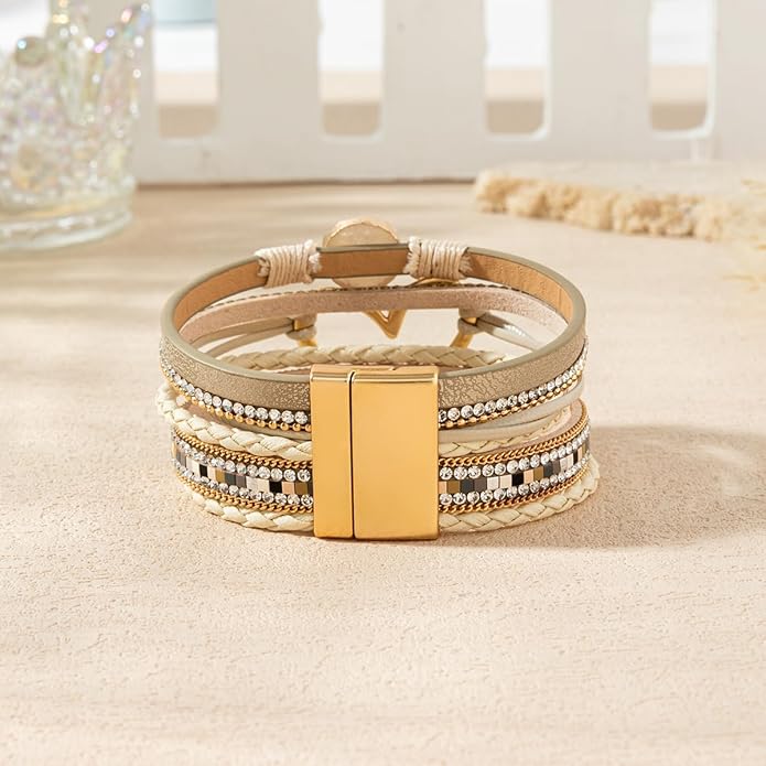 Rantanto Braid Leather Wrap Bracelet Trendy Stackable Crystal Cuff Boho Gold Heart Bracelet Jewelry Gift For Women