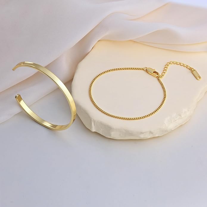 Moodear Stackable Bracelets for Men - Dainty 925 Sterling Silver/14K Gold Plated Cuff Snake Box Cuban Link Chain Bangle Bracelet Set Mens Jewelry