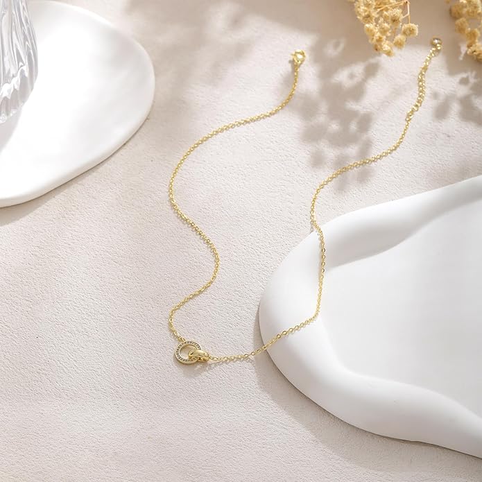 Gold Necklace for Women, Dainty 14K Gold Plated Pendant Necklaces for Women Trendy Simple Choker Chain Cubic Zirconia Circle/Interlocking/Sun Necklace Fashion Jewelry Birthday Christmas Gift