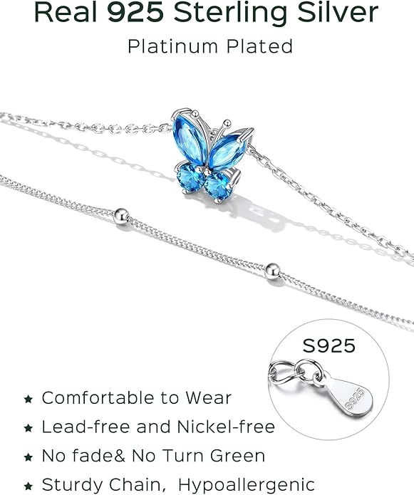 ChicSilver 925 Sterling Silver Anklets for Women Waterproof, Sparkling Birthstone Ankle Bracelets for Women, Adjustable Layered Butterfly Anklet Summer Beach Jewelry