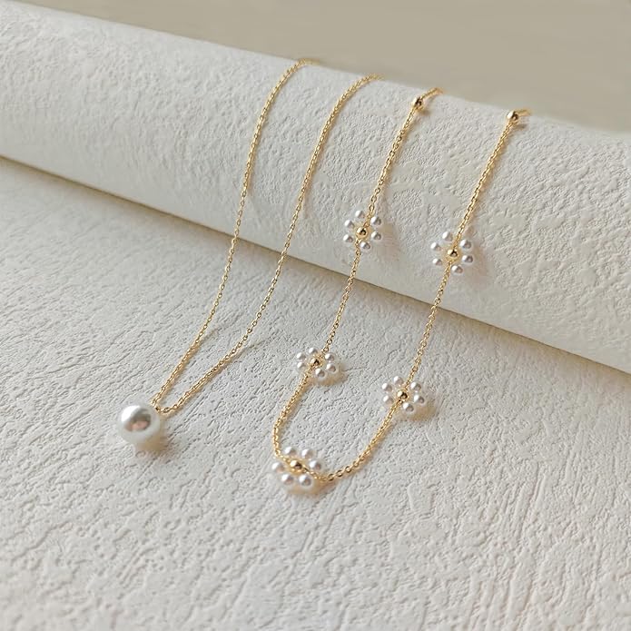 Gold Jewelry Set for Women - Dainty 14K Gold/Silver Plated Pearl Choker Necklace, Drop Earrings & Bracelets - Wedding Trendy Pearl Jewelry Gift