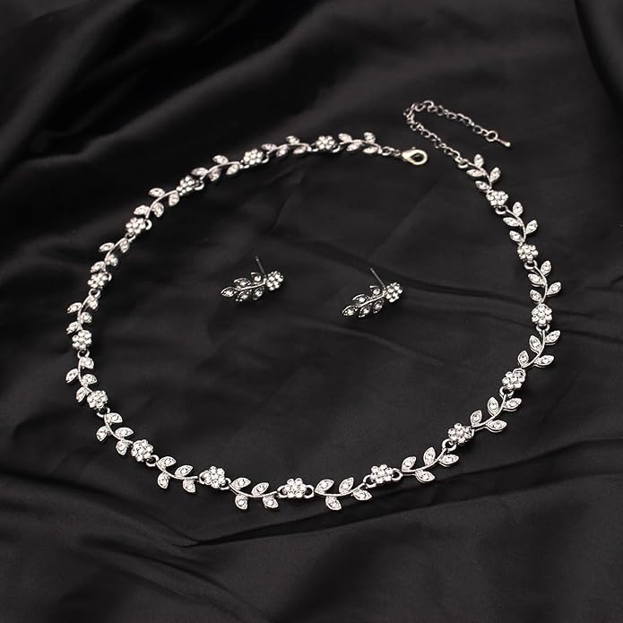 Austrian Crystal Rhinestone Choker Necklace Dangle Earring Link Bracelet Jewelry Set for Brides Bridesmaid Prom Costume Accessories for Women