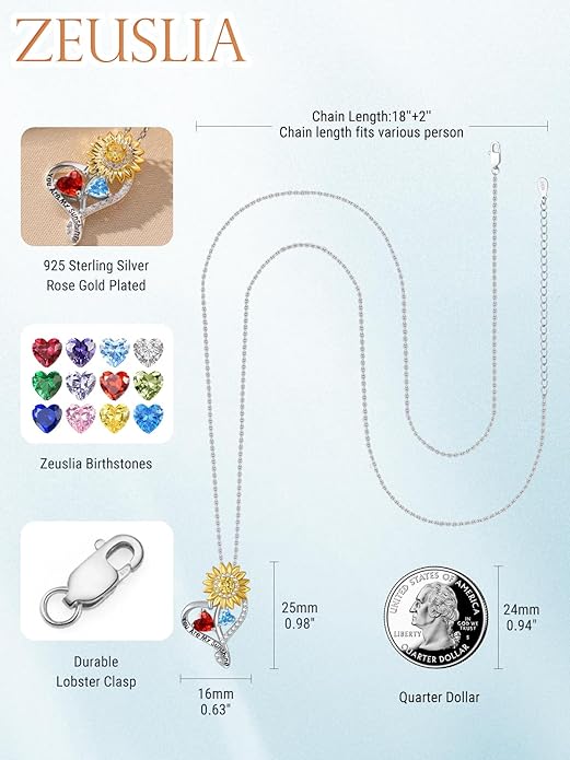 Zeuslia Double Birthstone Necklace Gifts for Wife - 925 Sterling Silver Sunflower/Rose/Crown Cross/Compass/Heart Pendant I Love You Necklace, Anniversary Birthday Gifts for Wife Girlfriend Mom Her