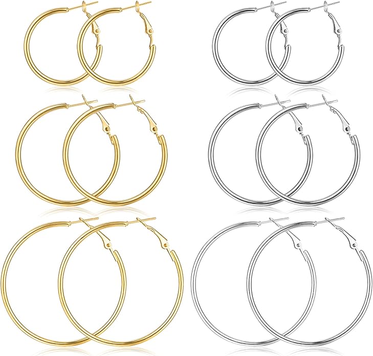 6 Pairs Gold Silver Hoop Earrings for Women, 14K Gold Plated Stainless steel Hoop Earring for Women, Lightweight Hypoallergenic Dainty Hoop Earrings Set