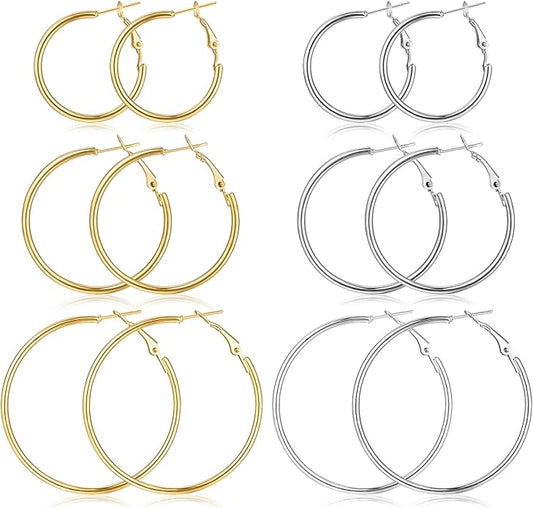 6 Pairs Gold Silver Hoop Earrings for Women, 14K Gold Plated Stainless steel Hoop Earring for Women, Lightweight Hypoallergenic Dainty Hoop Earrings Set