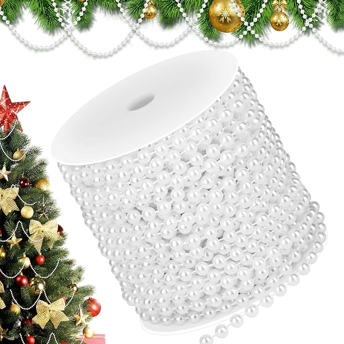 PAXCOO White Pearl Beads Garland, Pearl Strands Craft String Bead for Christmas Tree Decoration, Wedding Party Supplies
