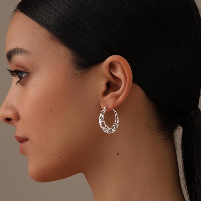 LeCalla 925 Sterling Silver Hoop Earrings | Women's Filigree Hoop Earrings | Openwork Mesh Filigree Cut Earring | Lightweight & Hypoallergenic Vintage Hoop Earrings for Women