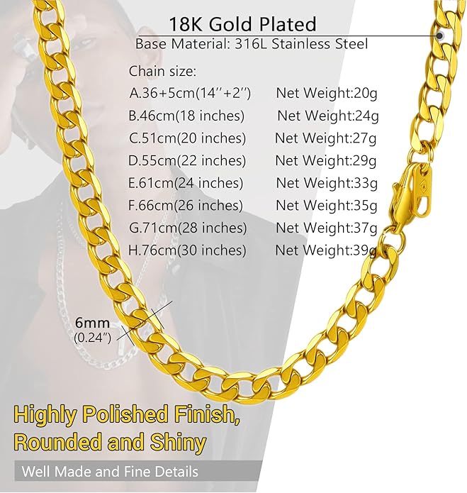 PROSTEEL 316L Stainless Steel Cuban Link Chain Necklaces for Men, Black/18K Gold Plated, Hypoallergenic Jewelry, 4mm-13mm, 14"-30", Come with Box