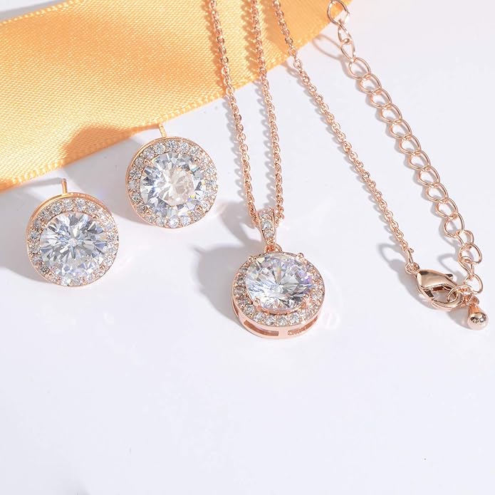 Bridal Crystal Jewelry Set - Sterling Silver Round Cubic Zirconia CZ Rhinestone Halo Birthstone Pendant Necklace Stud Earrings Set for Wedding Bride Bridesmaids Birthday Gift
