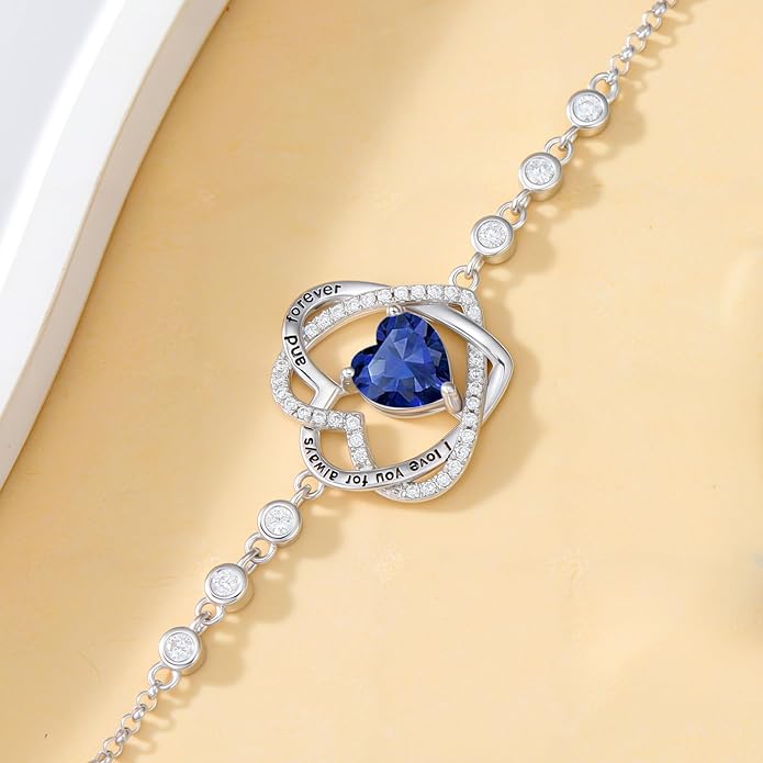 TOUPOP Heart Birthstone Bracelet 925 Sterling Silver Double Heart Bracelet Love You for Always and Forever Jewelry Anniversary Birthday Christmas Gifts for Women Wife Her