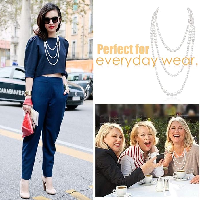 Long Pearl Necklaces for Women Cream White Faux Pearl Strand Layered Necklace Costume Jewelry