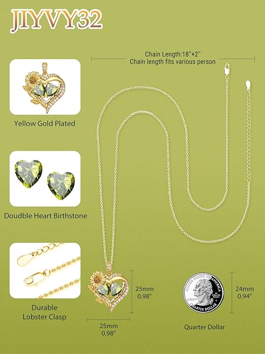 Sunflower Heart Necklace for Women 14K Gold Exquisite Anniversary Birthday Gifts for Wife Mother Her Double Birthstone Pendant jewelry‘You Are My Sunshine’