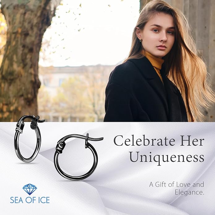 SEA OF ICE 925 Sterling Silver Hoop Earrings for Women - Hypoallergenic Earrings for Women in Sterling Silver, Yellow Gold, Rose Gold or Black Rhodium | Sizes 12MM, 15MM, 20MM or Multipack