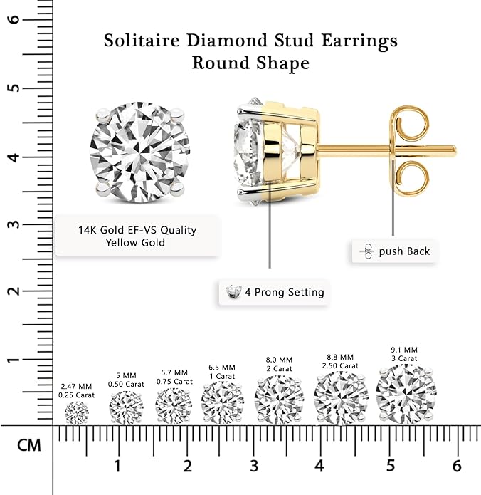 Tanache Round 0.50-6 Carat Lab Grown Diamond Earrings for Women | 14K Gold Or Platinum EF-VS Clarity IGI Certified | 4 Prong Push Back Studs | Ultra Premium Collection or Bridal Jewelry Gift