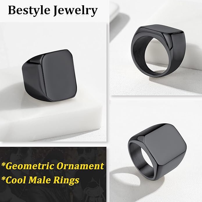 Bestyle Stainless Steel Signet Ring for Men Women in Gold/Black/Silver/Vintage Gray Tone, Chunky Thick Heavy Dome Band Ring Cool Finger Ring, Gift for Dad Husband, Size 7-14 Customizable