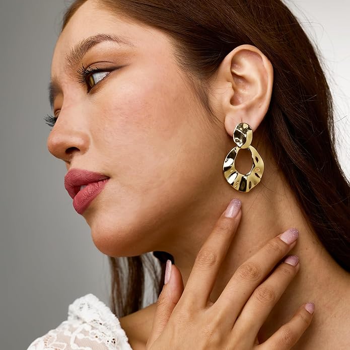 Hefanny Large Hammered Teardrop Dangle Earrings Geometric Chunky Flower Earrings Women's Trendy Statement Jewelry Multiple Styles