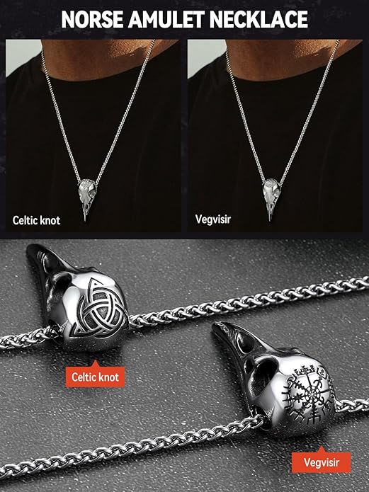 FaithHeart Viking Raven Necklace for Men, Norse Mythology Raven Skull Pendant Sturdy Stainless Steel Amulet Jewelry Gift for Men