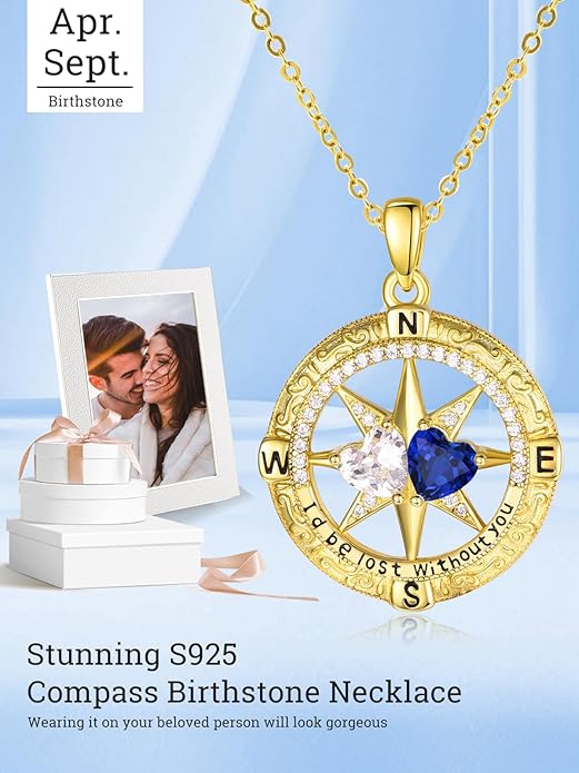 Zeuslia Double Birthstone Necklace Gifts for Wife - 925 Sterling Silver Sunflower/Rose/Crown Cross/Compass/Heart Pendant I Love You Necklace, Anniversary Birthday Gifts for Wife Girlfriend Mom Her