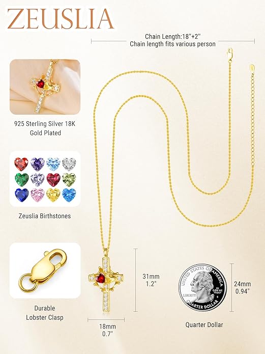 Zeuslia Double Birthstone Necklace Gifts for Wife - 925 Sterling Silver Sunflower/Rose/Crown Cross/Compass/Heart Pendant I Love You Necklace, Anniversary Birthday Gifts for Wife Girlfriend Mom Her