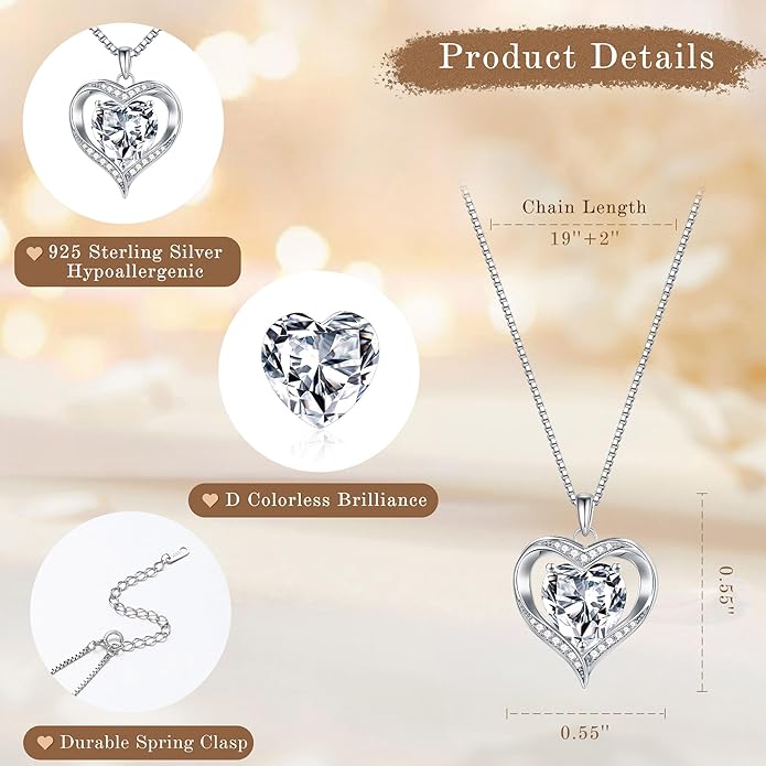 MOOSEA Moissanite Heart Pendant Necklaces for Women, 1-3ct D Color VVS1 925 Sterling Silver Anniversary Birthday Gifts for Women Wife Girlfriend Jewelry Moissanite Necklace