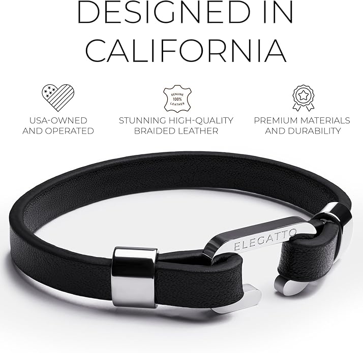 Elegatto Morelle Premium Leather Bracelet for Men | Full-Grain Black Leather with Silver Polished Stainless Steel Shackle Closure | Men’s Designer Jewelry