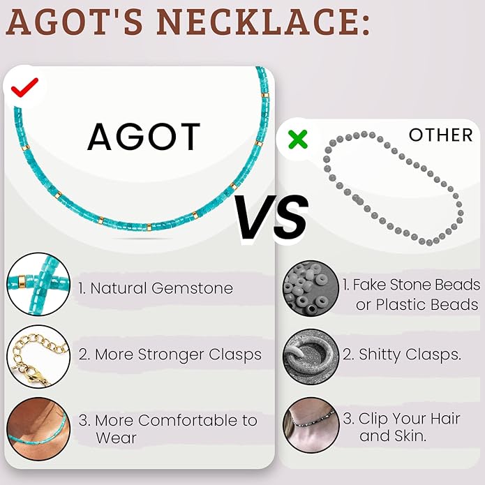 AGOT Beaded Gemstone Necklace for Women: Boho Bead Choker Natural Stone Necklaces - Handmade Jewelry for Summer Beach