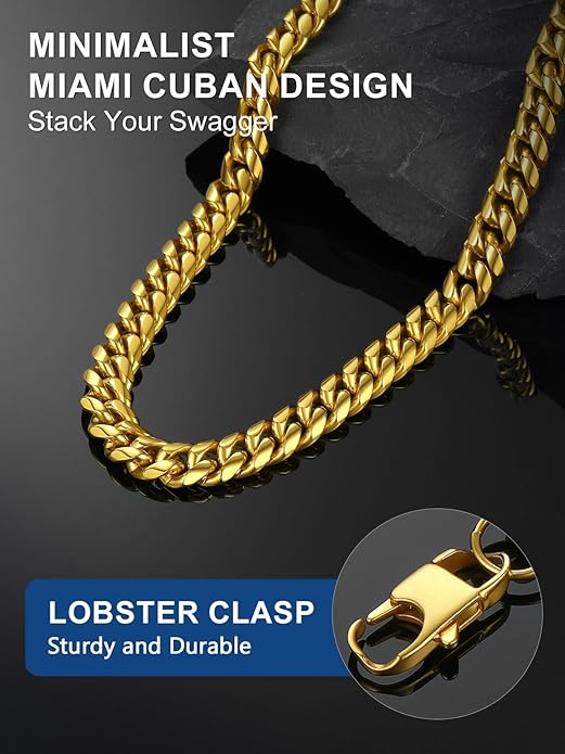 ChainsPro Chunky Miami Cuban Link Chains for Men,Stainless Steel Cuban Chain Necklace,4.8/6/10/14mm Width,No Tarnish& Thick Hip Hop Jewelry,18-30 inch Length, Black/Gold Plated/Silver,Send Gift Box