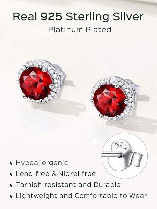 ChicSilver 925 Sterling Silver Birthstone Earrings for Women, 8MM/2 Carat Heart & Round Cubic Zirconia Stud Earrings, Hypoallergenic Jewelry, Ideal Birthday or Christmas Gifts