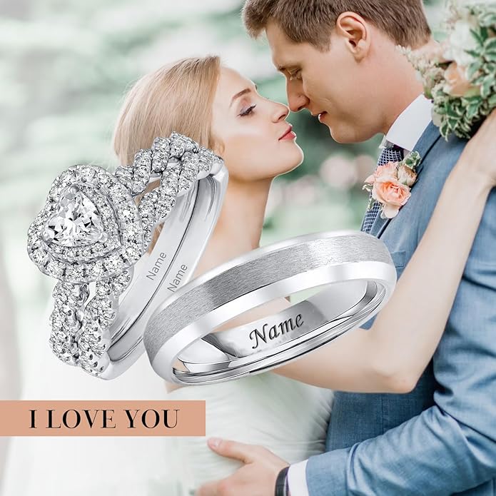 Rikelus Moissanite Engagement Ring Sets for Couples,10K 14K 18K Solid Gold Heart/Princess/Round Cut Bridal Ring Sets,Customized Matching Wedding Bands Set for Men and Women Free Engraving
