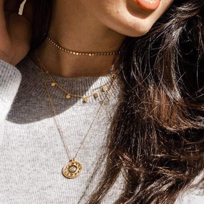 Turandoss Gold Layered Necklaces for Women - 14K Gold Plated Handmade Multilayer Bar Pearls Coin Disc Moon Butterfly Medallion Adjustable Dainty Layered Choker Necklaces for Women Jewelry