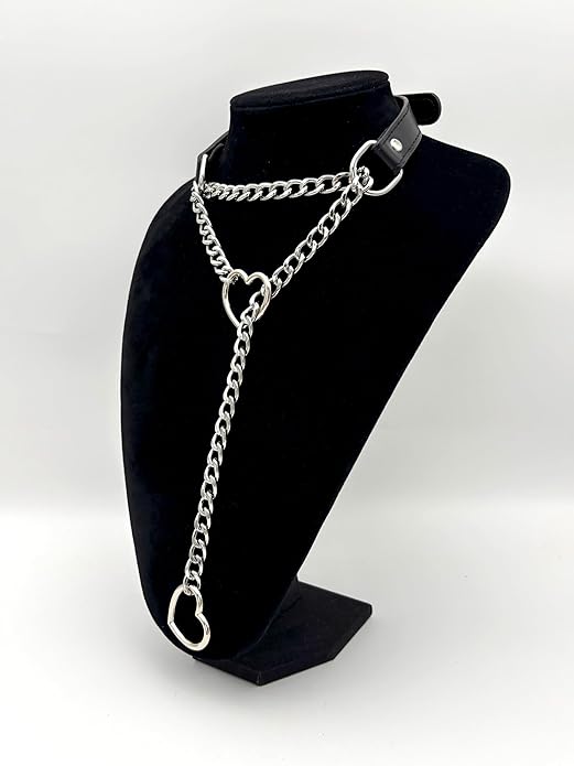 Black Leather Choker Collar For Women, Handmade Heart Slip Chain Choker Long Necklace with Adjustable Buckle
