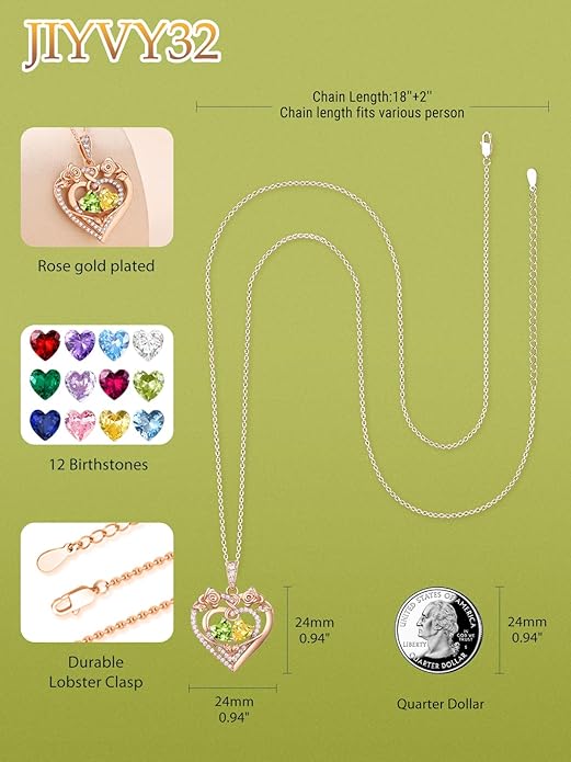 JIYVY32 Rose Heart Necklace for Women Exquisite 925 Sterling Silver Anniversary Birthday Gifts for Wife Mom Her Double Birthstone Pendant Jewelry