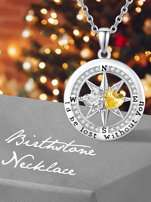 Compass Birthstones Necklace for Women, Exquisite Anniversary Birthday Gifts for Wife Her Double Birthstone Pendant jewelry ‘I'd be Lost Without You’