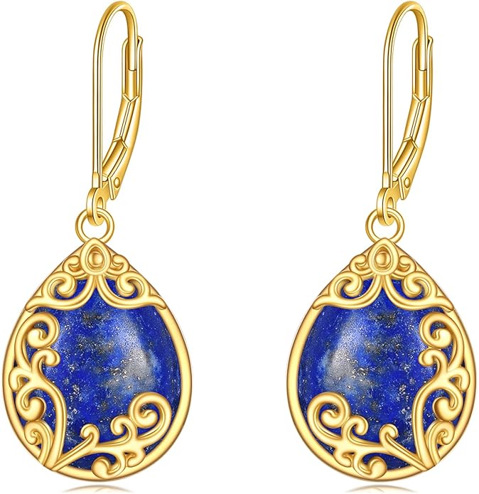 Filigree Earrings Sterling Silver Teardrop Moonstone Moss Agate Lapis Lazuli Larimar Emerald Peridot Opal Dangle Dangly Drop Leverback Earrings Boho Jewelry Gifts for Women