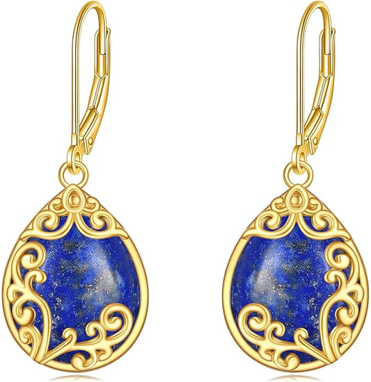Filigree Earrings Sterling Silver Teardrop Moonstone Moss Agate Lapis Lazuli Larimar Emerald Peridot Opal Dangle Dangly Drop Leverback Earrings Boho Jewelry Gifts for Women