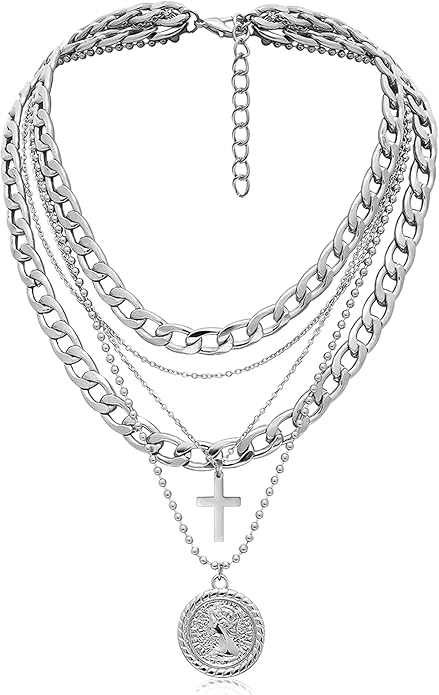 MJartoria Layered Necklaces for Women Trendy Retro Coin Pendant Necklace Dainty Chunky Chain Choker Necklaces for Jewelry Birthday Gifts