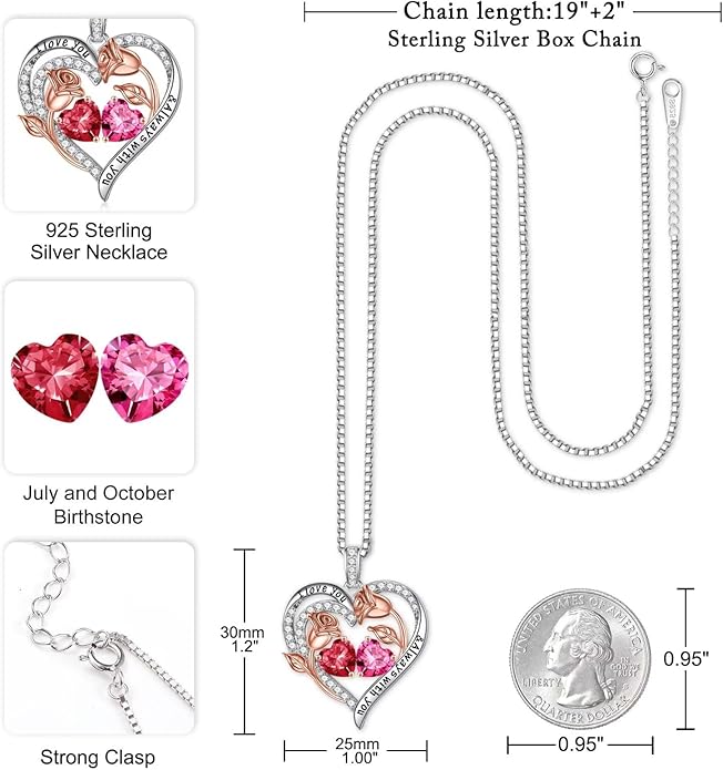 Iefil Birthstone Necklace for Women - 925 Sterling Silver Rose Heart Birthstone Necklace Birthday Anniversary Jewelry Gifts for Her Wife Mom Daughter