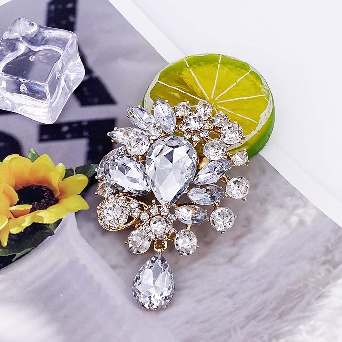 LAXPICOL Vintage Wedding Bridal Big Blue Crystal Rhinestone Tear drop Brooch Pin for Women