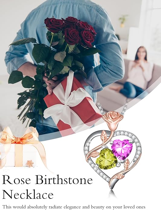 Christmas Gifts for Women Rose Heart Birthstone Pendant Necklace I Love You Forever Jewelry Valentine Mothers Day Birthday Gifts for Women Her Wife Girlfriend