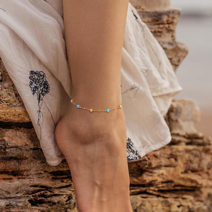 MTMY Gold Anklets for Women 14K Gold Plated Tiny Bead Anklet Colorful Tassel Foot Chain Dainty Adjustable Cute Summer Beach Boho Anklets Jewelry Gift