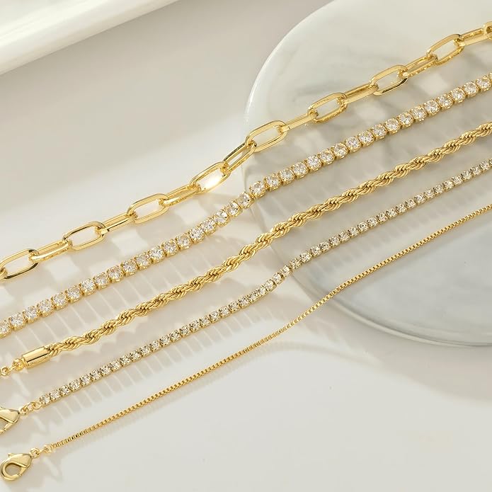 Gold Bracelets for Women 14K Gold Plated Stack Trend Bracelets Charm Paperclip Chain Cuban Link Layered Waterproof Bracelet Dainty Bracelet for Women Jewelry Gifts