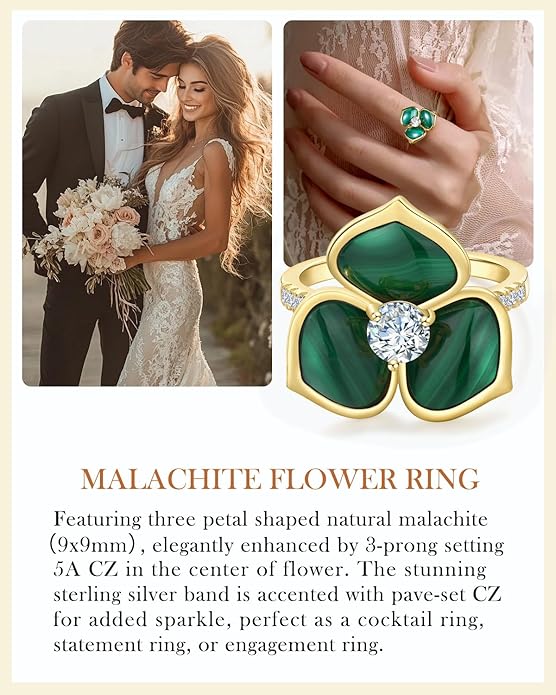 AIBAO Flower Gemstone Rings for Women Three Pental Turquoise/Malachite/Mother of Pearl Flower Ring with Cubic Zirconia Center Sterling Silver Statement Rings Size 6 to 10