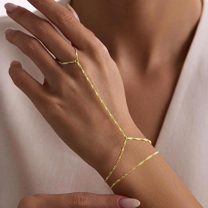 Yoosteel Hand Chain Bracelet for Women - Dainty 14K-Gold-Plated Finger Ring Hand Chains Layered Trendy Link Bracelets Jewelry Gifts for Women