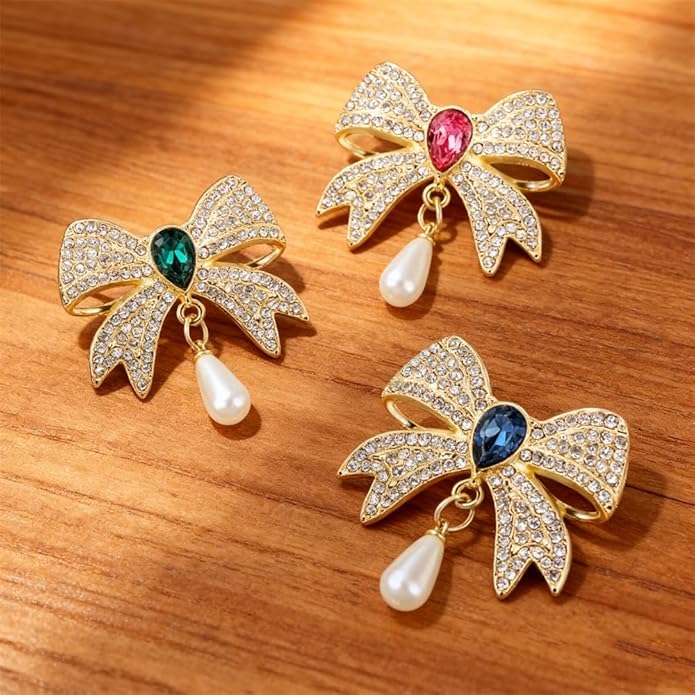 3PCS Vintage Pearl Rhinestone Bow Brooch Gold Brooches and Pins for Women Red Blue Green Gemstone Pearl Brooch Pins for Dresses Womens Clothes Corsage Clothing Accessories Jewelry Pins and Brooches