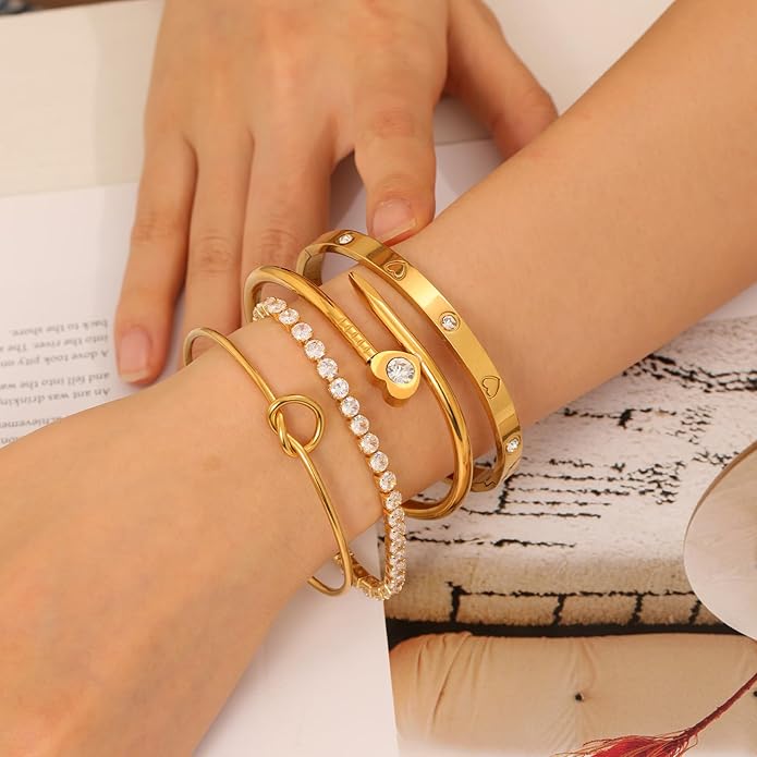 FAFUGA 18 K Gold Plated Love Bangle Bracelet Stack Cuff Jewelry for Women Jewelry Set for Women Gift with Box